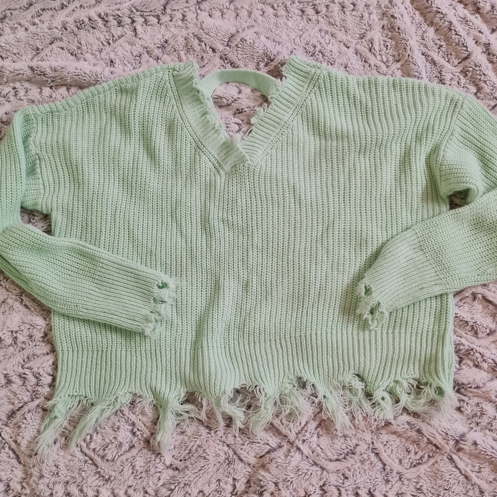 Jolie & Joy Turquoise Distressed Cropped Sweater